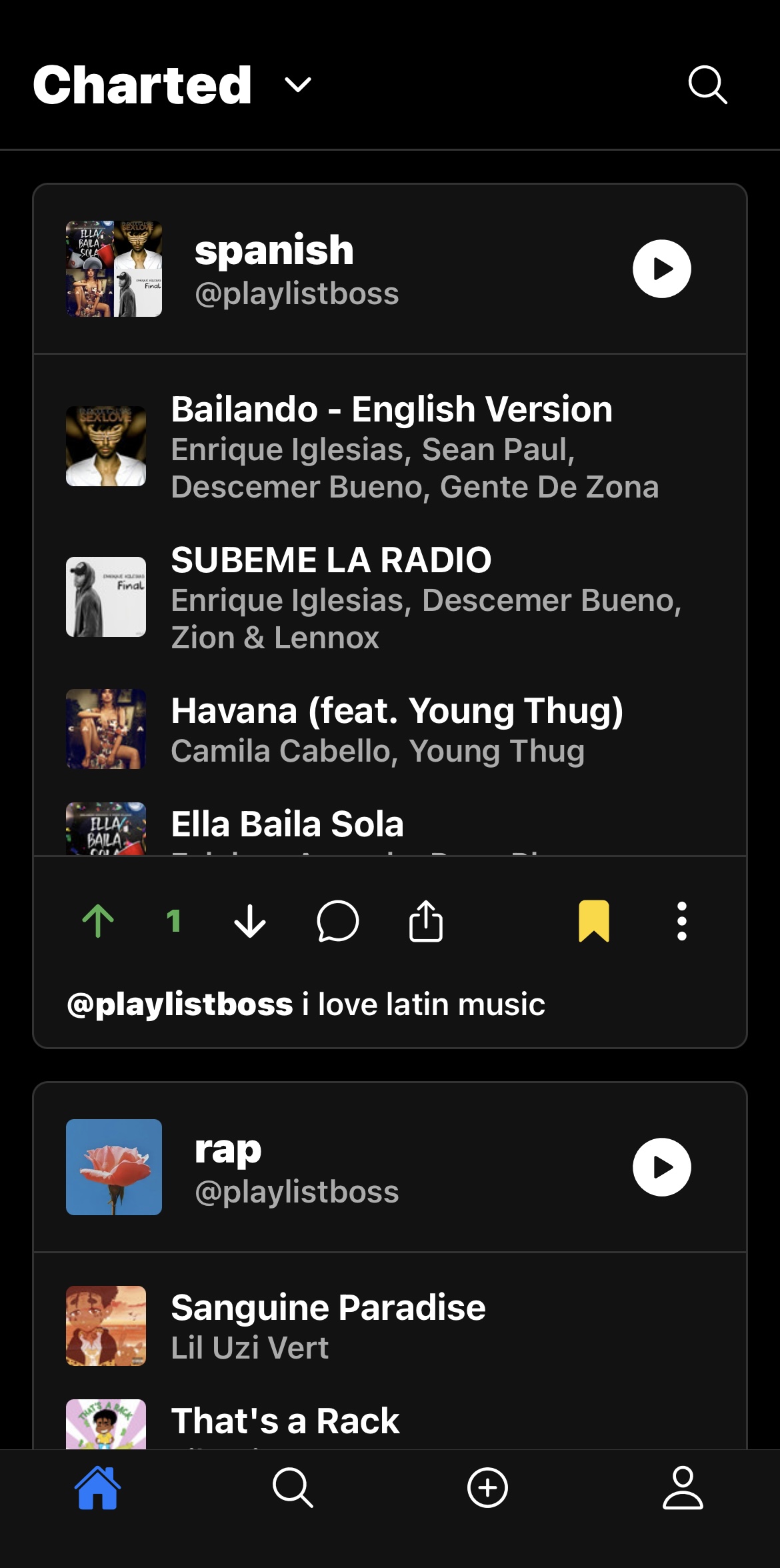 Charted home feed with playlists